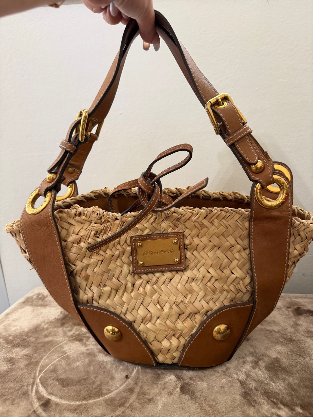 Rare Dolce & Gabbana Braided Straw Tote with Brown Leather and Gold Hardware